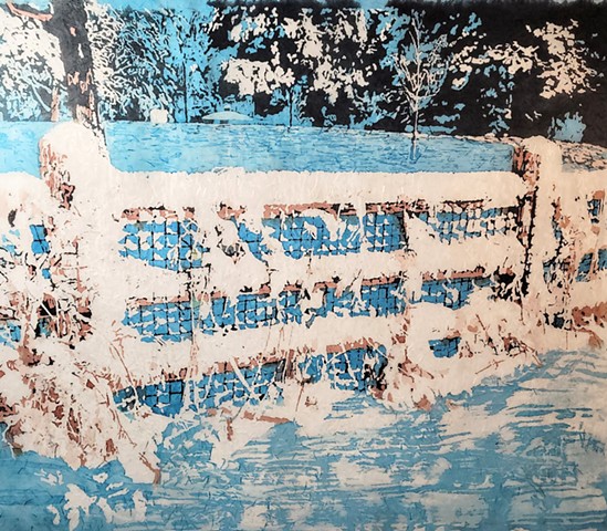 The Fence Has Not Been Torn Down (Batik on ginwashi, 24" x 18"), 2021.