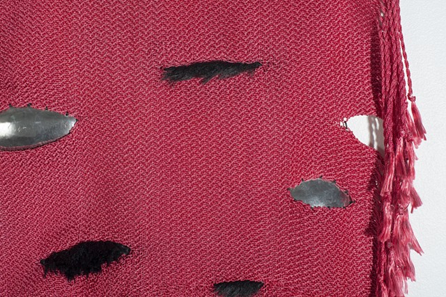 Handwoven nylon, handweaving and metalsmithing, handweaving, handwoven, planished steel, metal and weaving, hand-dyed nylon, contemporary craft, fuchsia art
