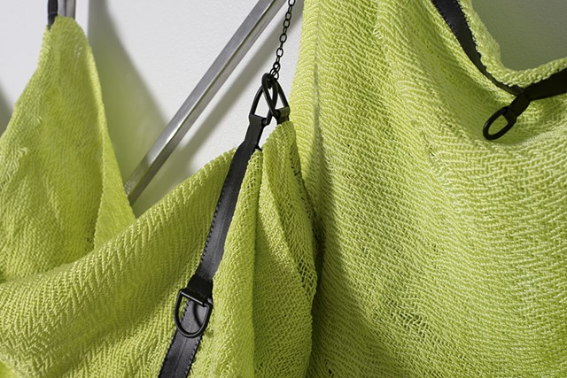 Handwoven nylon, handweaving and welding, handweaving, handwoven, steel square tubing, metal and weaving, hand-dyed nylon, contemporary craft, lime green art