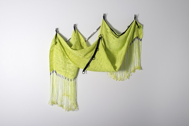 Handwoven nylon, handweaving and welding, handweaving, handwoven, steel square tubing, metal and weaving, hand-dyed nylon, contemporary craft, lime green art