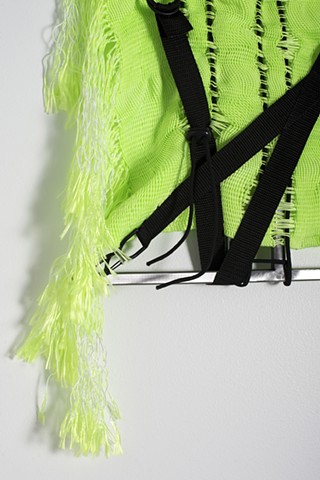 Handwoven nylon, handweaving and welding, handweaving, handwoven, steel square tubing, metal and weaving, hand-dyed nylon, contemporary craft, lime green art