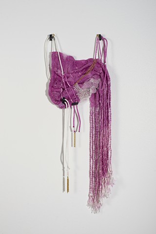 Contemporary craft, Handwoven nylon, hand-dyed nylon, beaded netting, fringes, lilac art