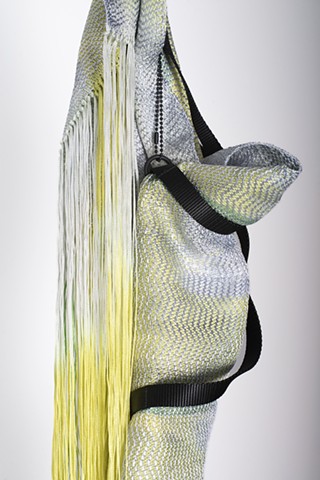 Contemporary craft, Handwoven nylon, handwoven rayon, hand-dyed nylon, hand-dyed rayon, nylon webbing art, warp painting, direct application dyeing, fringes