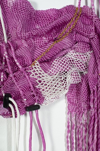 Contemporary craft, Handwoven nylon, hand-dyed nylon, beaded netting, fringes, lilac art