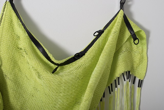 Handwoven nylon, handweaving and welding, handweaving, handwoven, steel square tubing, metal and weaving, hand-dyed nylon, contemporary craft, lime green art