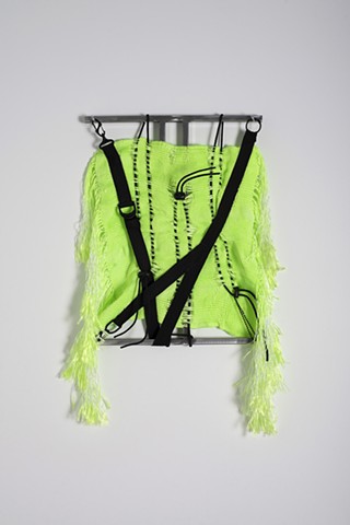 Handwoven nylon, handweaving and welding, handweaving, handwoven, steel square tubing, metal and weaving, hand-dyed nylon, contemporary craft, lime green art