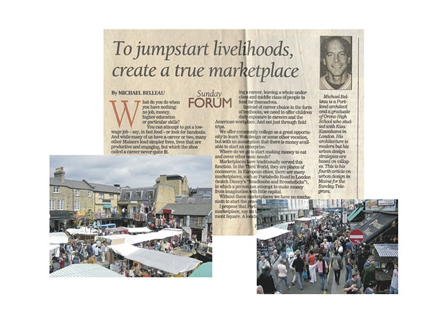 Article on creating an outdoor market in Portland Maine to act as go between home business and storefronts.