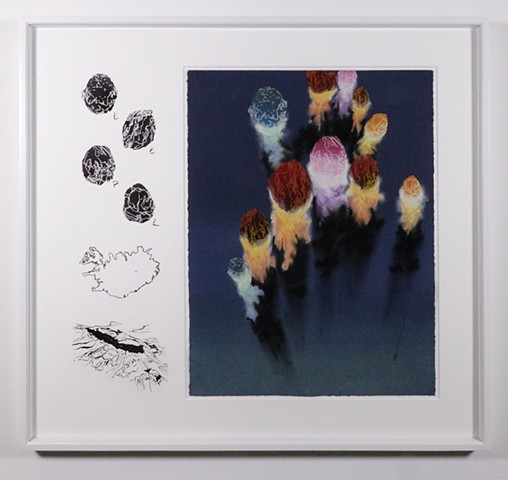Shawn Bitters, screenprint, pastel, volcanic exclamations, holuhraun, volcanic bombs