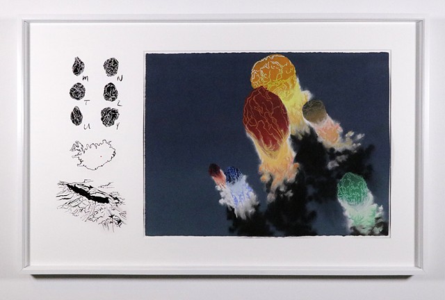 Shawn Bitters, screenprint, pastel, volcanic exclamations, holuhraun, volcanic bombs