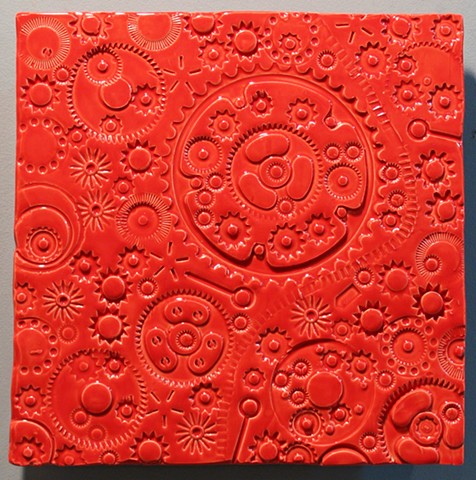 SOLD Gears - red 12"x12"