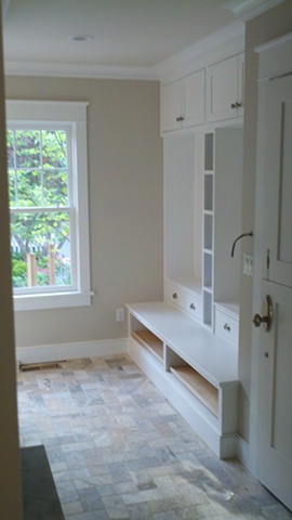 Mudroom Built-in made using FSC certified materials for a LEED project. 