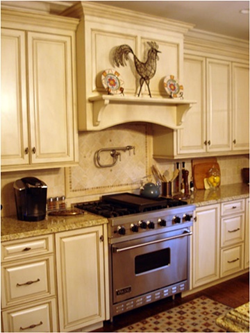 Cabinetry and Hood in French country style Kitchen. 