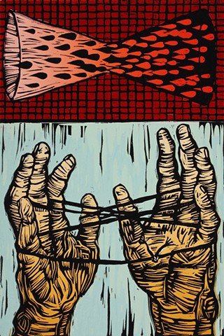 linocut, hands, cats cradle, hourglass