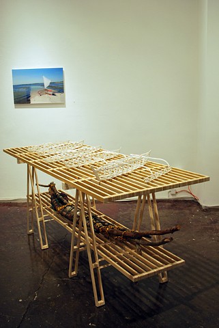 Lexical Borrowing: Saw Horse by the Sea Shore- Understanding Manifest Destiny
2011
Mat board, wood, found plastic bottles, river water, and mixed media
4' x 7' x 3'