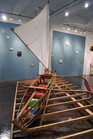 Baby (Medium for Intercultural Navigation)

2011/12
Hand-made collapsible Pacific outrigger canoe and commemorative plates (Detail)