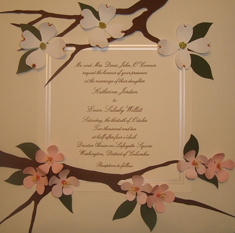 wedding invitation, wedding, cherry blossoms, dogwood, flowers, cut paper, Raleigh North Carolina,