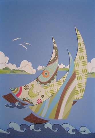 cut paper, scrapbook, tropical, sailboat, sailing, art, Bahamas, Bahamian artist, regatta art, Raleigh North Carolina