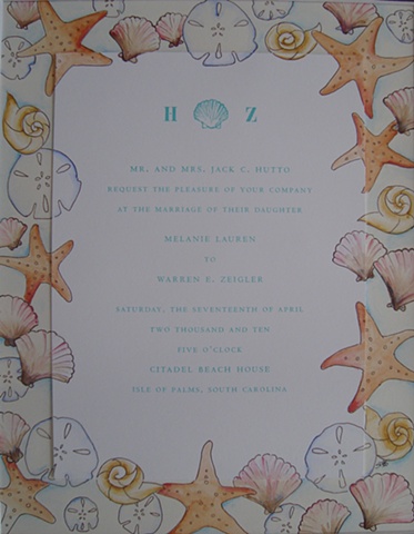 decorated wedding invitation, beach invitation, wedding invitation, tropical, starfish, sand dollar, clam shells, Beach wedding, Raleigh North Carolina