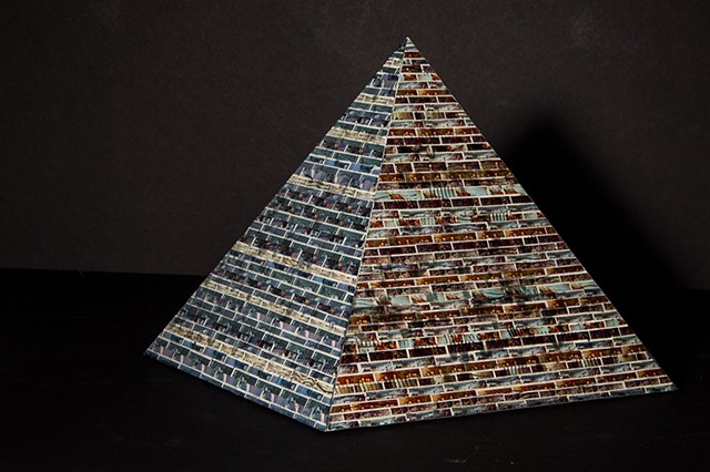 Jordan Scott U.S. Postage Stamps collage pyramid sculpture on wood