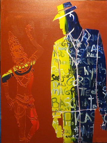 Joey Wozniak acrylic painting on canvas of figure and text