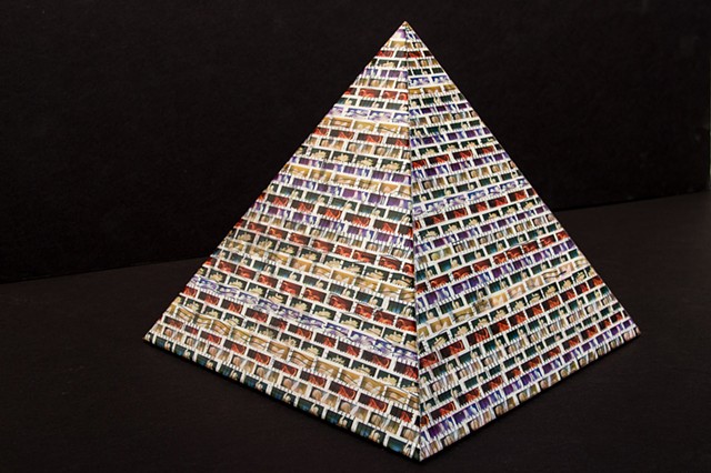 Jordan Scott U.S. Postage Stamps collage pyramid sculpture on wood
