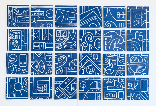 Jason Messinger ceramic tile modular art mural of blueprint based design
