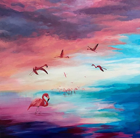 Flamingos & Sunset