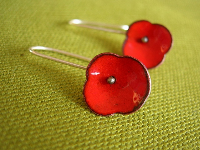 poppy earrings enamel copper silver