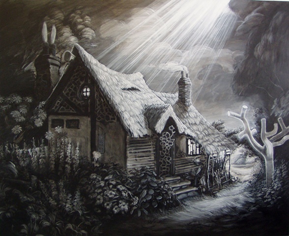 Thomas kinkade type cottage drained of colour and bathed in a religious light