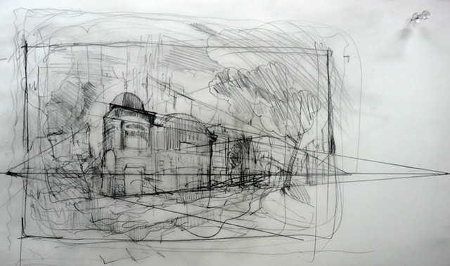 Pencil perspective drawing electric cinema Notting Hill London