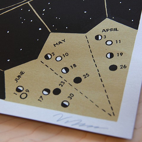 Screen printed lunar calendar shows dates of the phases of the moon. Photo by E. Henderson. 