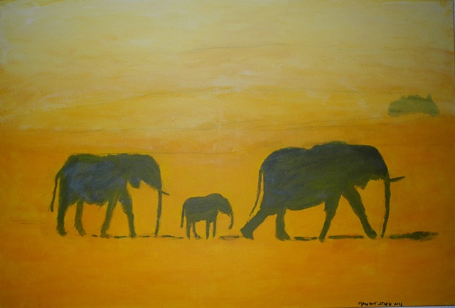 Three Elephant Walk, painting, acrylic, Paris, Manjeet singh