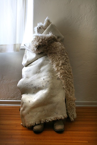 Sculpture with Rug and Boots, Home Squat Residency, by Melissa Wyman