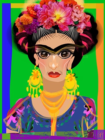 Frida Kahlo, digital caricature, 9" x 12"