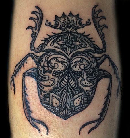 scarab tattoo, scarab beetle, design tattoo, decorative bug tattoo, decorative scarab, pretty dung beetle, leta gray, leta gray tattoo, leta lou