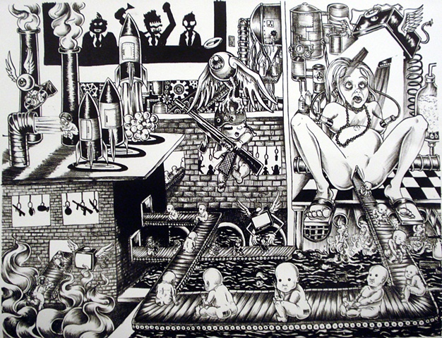 baby machine factory pregnancy assembly line political art, engraving, Lithograph, blackwork