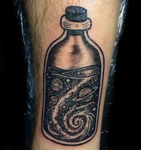 space tattoo, bottle tattoo, space bottle tattoo, leta gray tattoo, blackwork tattoo, stipple tattoo, planets, solar system tattoo, space in a bottle leta gray