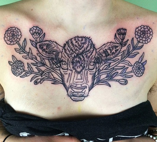 botanical tattoo, leta botanical, leta botanical tattoo, marigold tattoo, leta tattoo, leta gray, cow tattoo, calf tattoo, cow chest piece