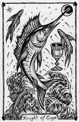 knight of cups, gray tarot, king fish, flying fish, magical tarot, magic water, waves, swordfish, moon