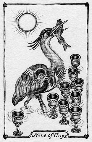 nine of cups, 9 of cups, gray tarot, blue heron, nature tarot, heron and fish, cups, suit of cups