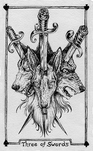 Three of swords, 3 of swords, wolf head, gray tarot, triple wolf head, death wolf, 