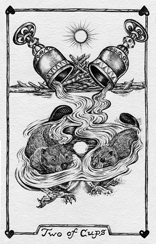 two of cups, 2 of cups, beavers, gray tarot, good home life, love, partnership, dam, water