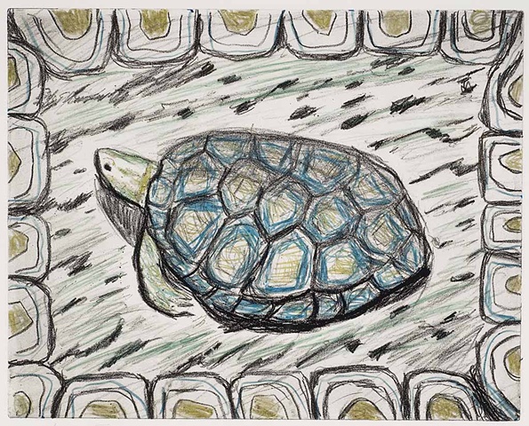 Margaret Merritt, Grass Turtle, Solar Plate Etching, Monoprint, Walnut Frame