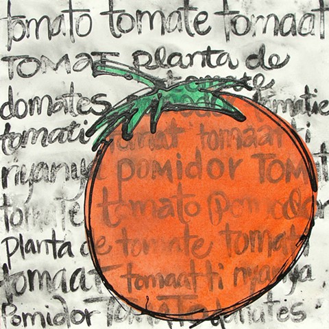 acrylic tomato painting on canvas with text background by Tracy Yarbrough