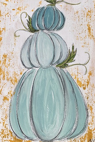 stacked blue pumpkins on wood canvas painting by tracy yarbrough