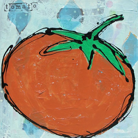 Acrylic and collage tomato painting on canvas by Tracy Yarbrough