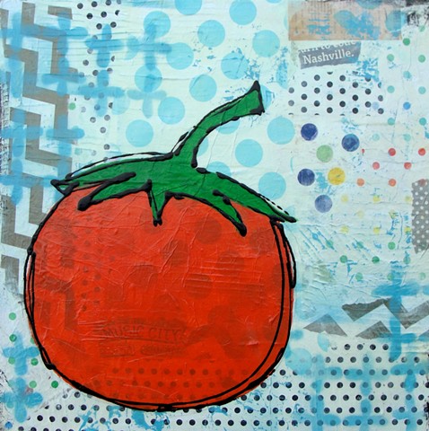 acrylic and collage tomato painting on canvas by tracy yarbrough