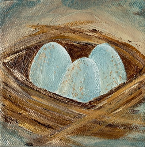 3 blue eggs in a nest painting by Tracy yarbrough