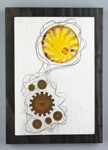 Wall art tile with yellow glass and rusty gears