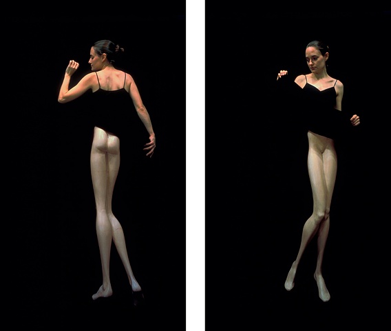 two photographs of a woman with artificially slender legs